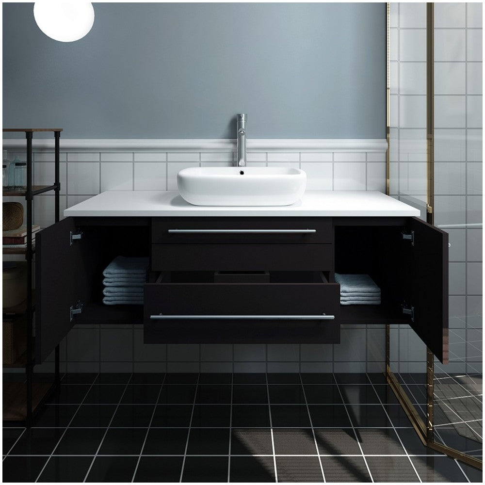 Lucera 48" Espresso Wall Hung Modern Bathroom Cabinet w/ Top & Vessel Sink