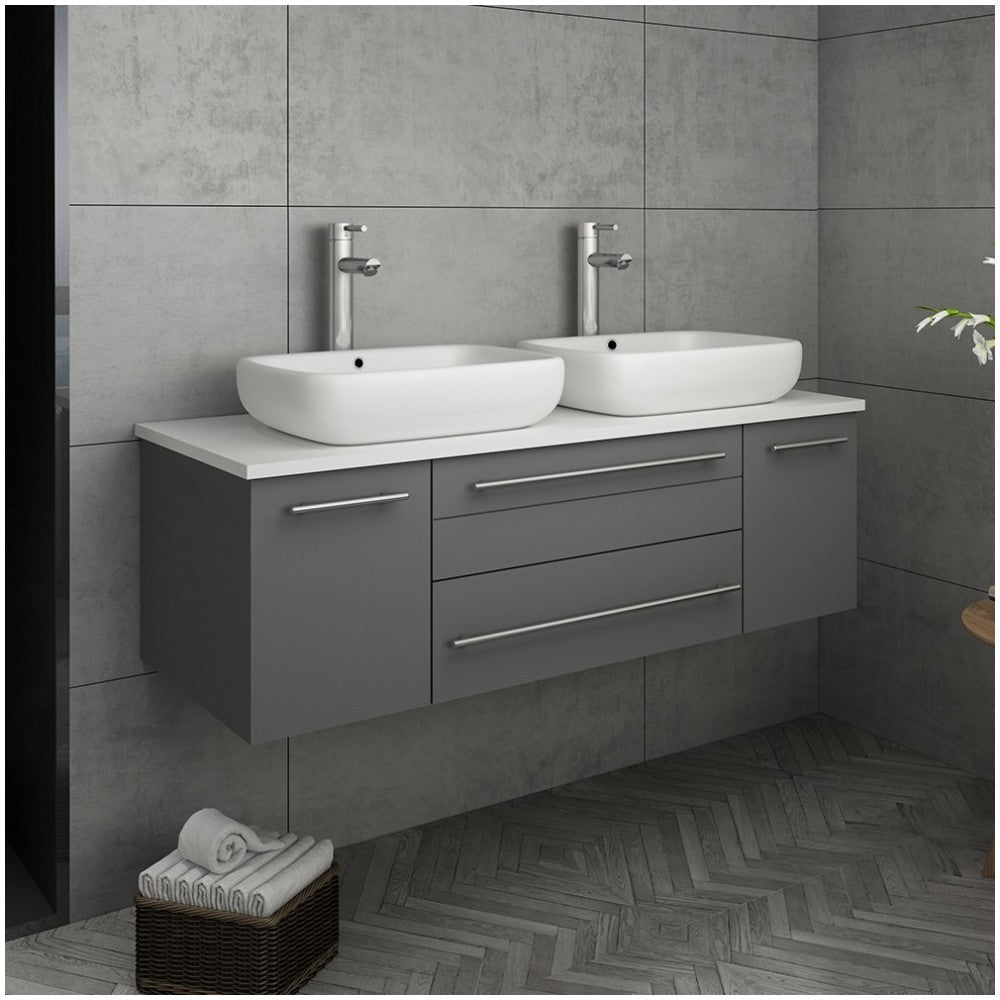 Lucera 48" Gray Wall Hung Modern Bathroom Cabinet w/ Top & Double Vessel Sinks