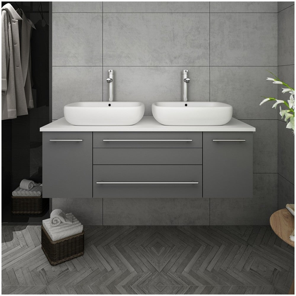 Lucera 48" Gray Wall Hung Modern Bathroom Cabinet w/ Top & Double Vessel Sinks