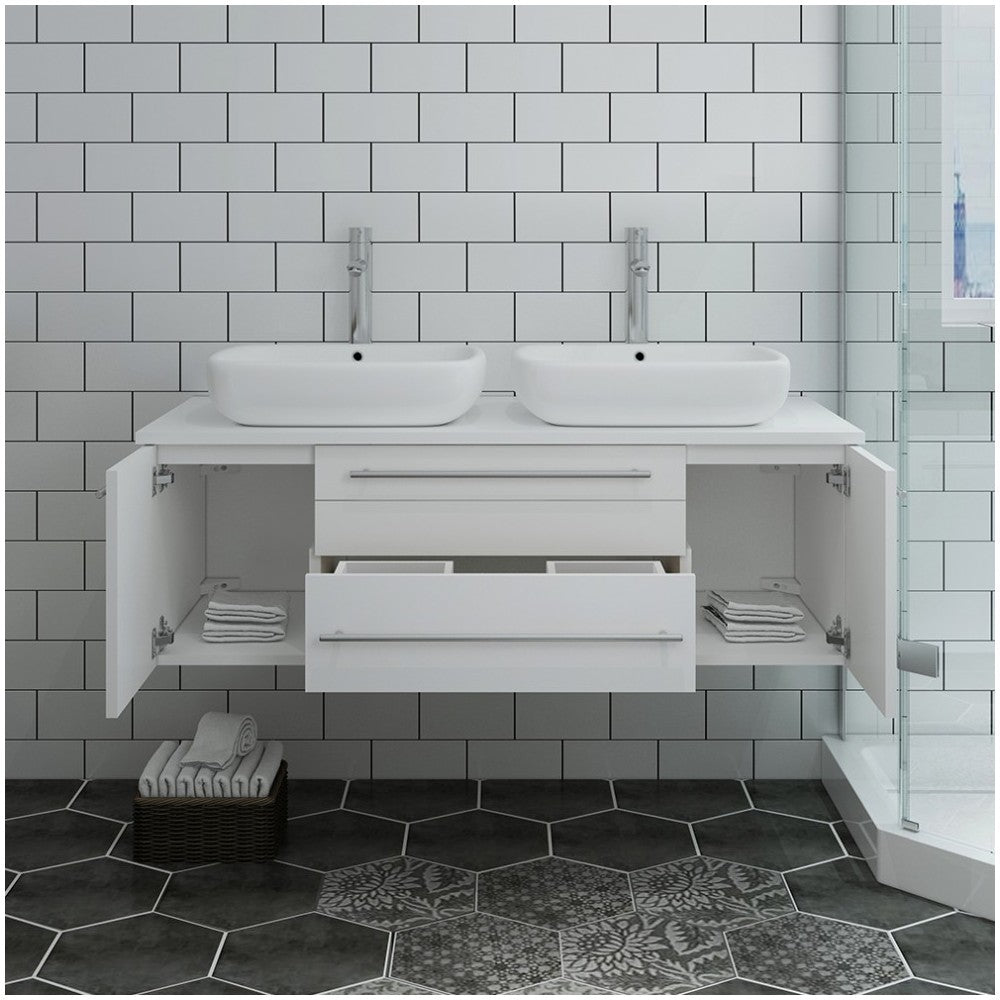 Lucera 48" White Wall Hung Modern Bathroom Cabinet w/ Top & Double Vessel Sinks