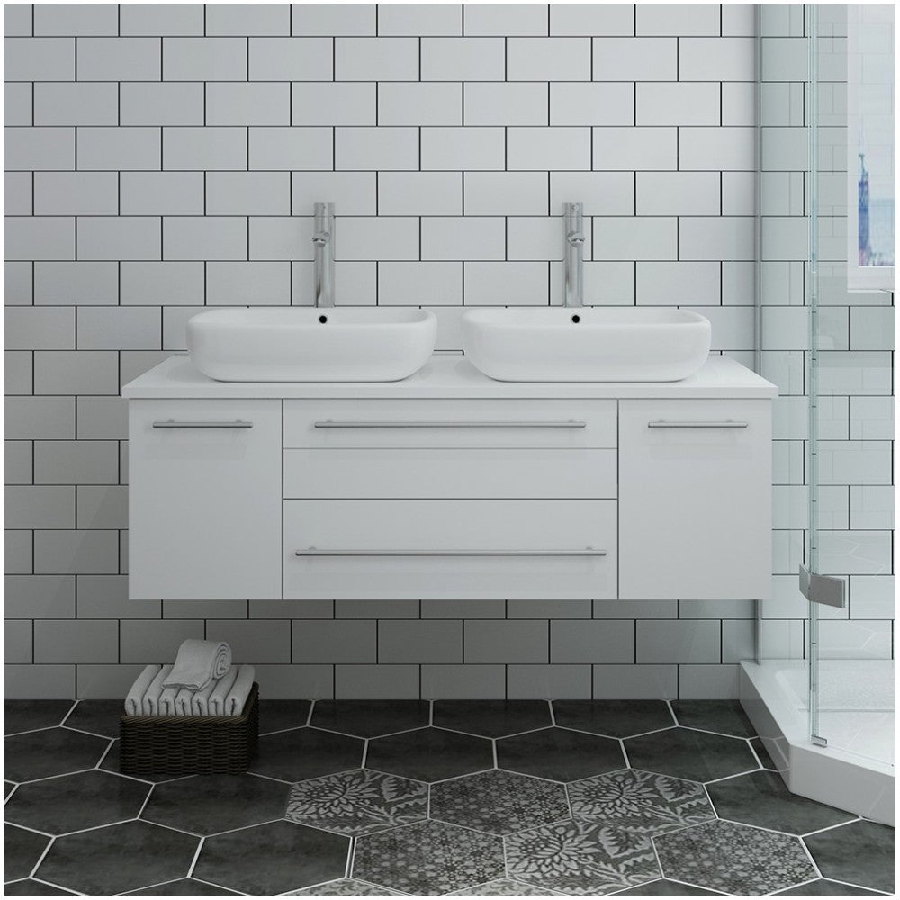 Lucera 48" White Wall Hung Modern Bathroom Cabinet w/ Top & Double Vessel Sinks