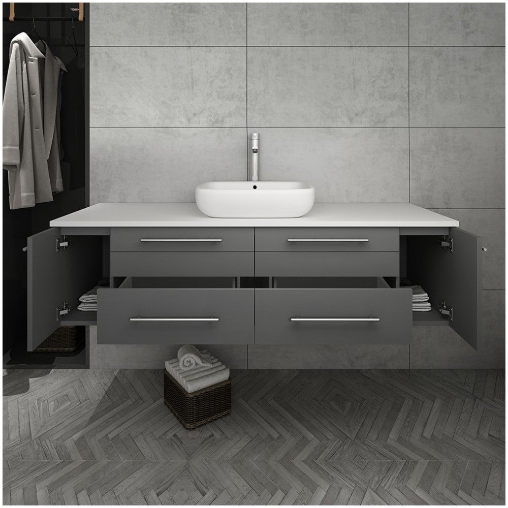 Lucera 60" Gray Wall Hung Modern Bathroom Cabinet w/ Top & Single Vessel Sink
