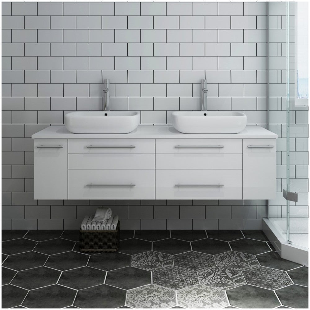 Lucera 60" White Wall Hung Modern Bathroom Cabinet w/ Top & Double Vessel Sinks