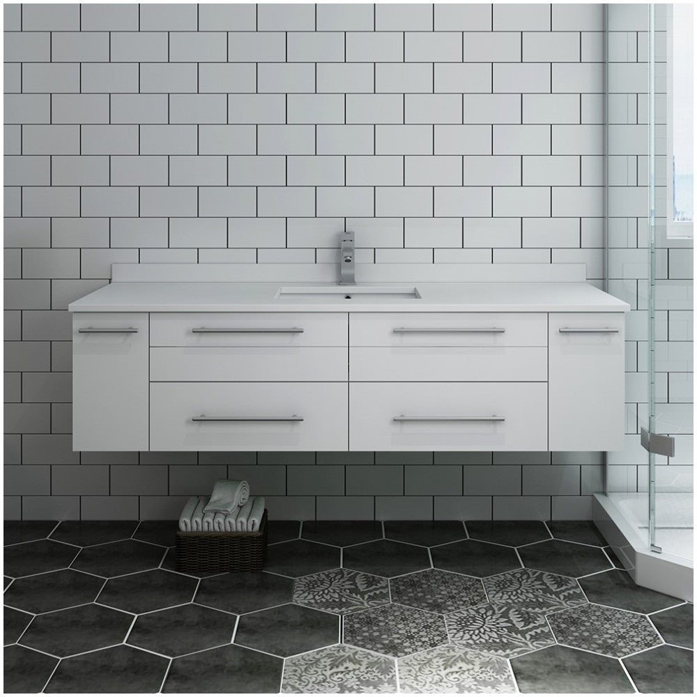 Lucera 60 White Wall Hung Modern Bathroom Cabinet w/ Top, Single Undermount Sink