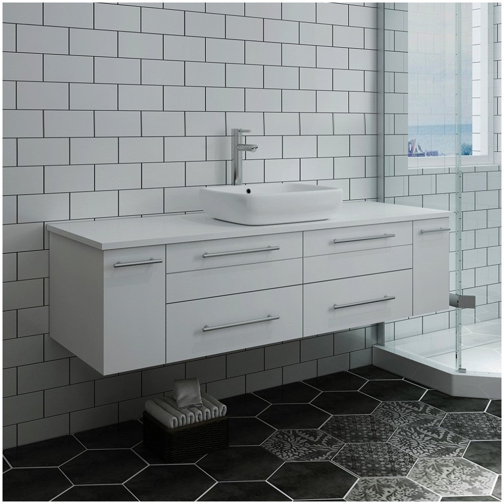 Lucera 60" White Wall Hung Modern Bathroom Cabinet w/ Top & Single Vessel Sink