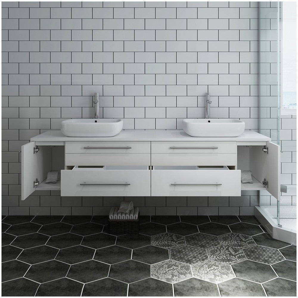 Lucera 72" White Wall Hung Modern Bathroom Cabinet w/ Top & Double Vessel Sinks