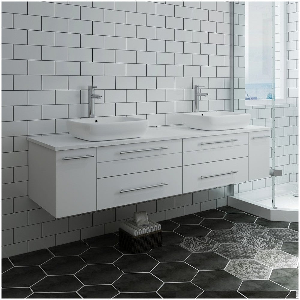 Lucera 72" White Wall Hung Modern Bathroom Cabinet w/ Top & Double Vessel Sinks