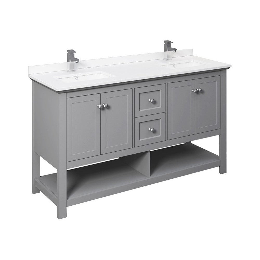 Manchester 60" Gray Traditional Double Sink Bathroom Cabinet w/ Top & Sinks