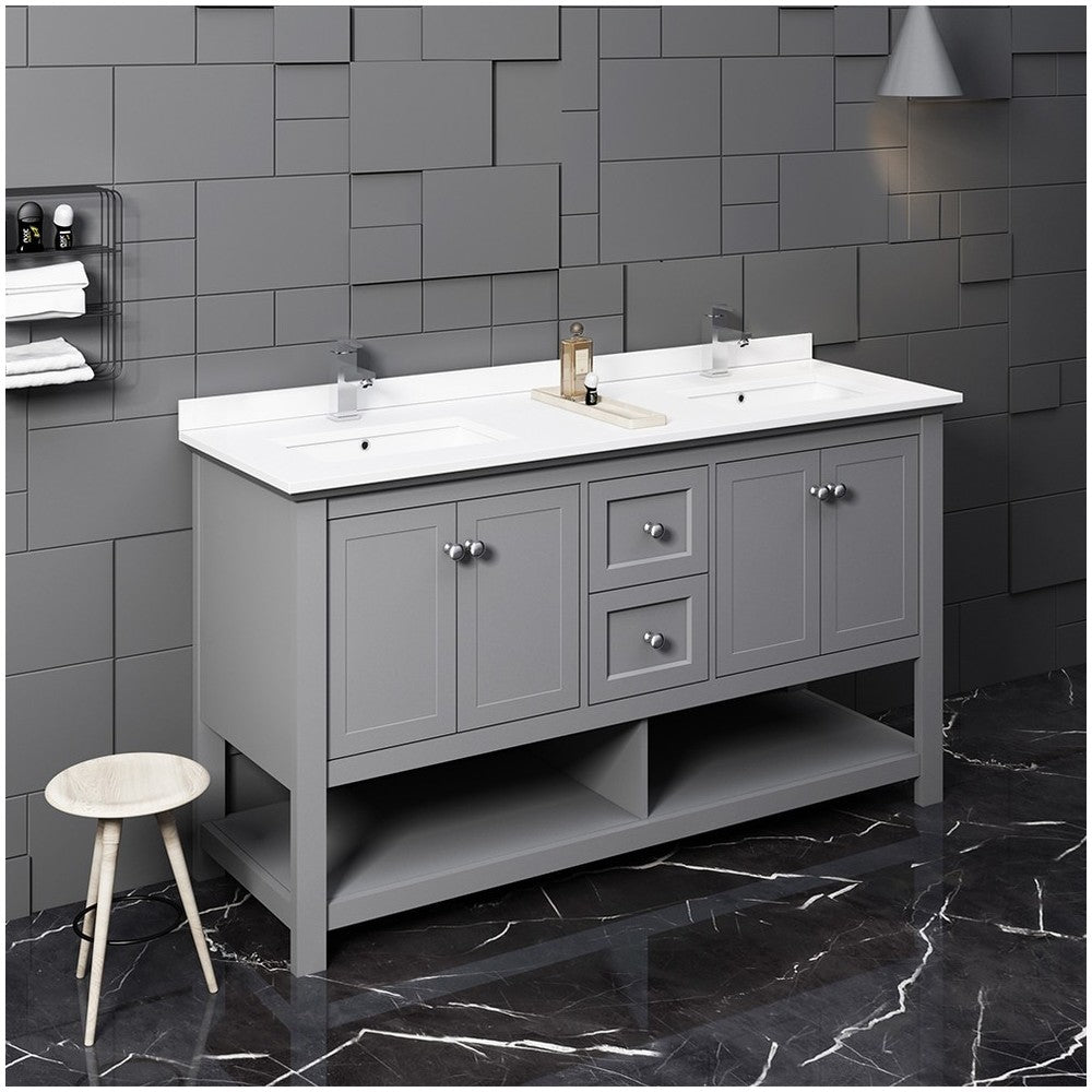Manchester 60" Gray Traditional Double Sink Bathroom Cabinet w/ Top & Sinks