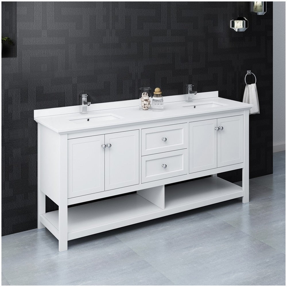Manchester 72" White Traditional Double Sink Bathroom Cabinet w/ Top & Sinks