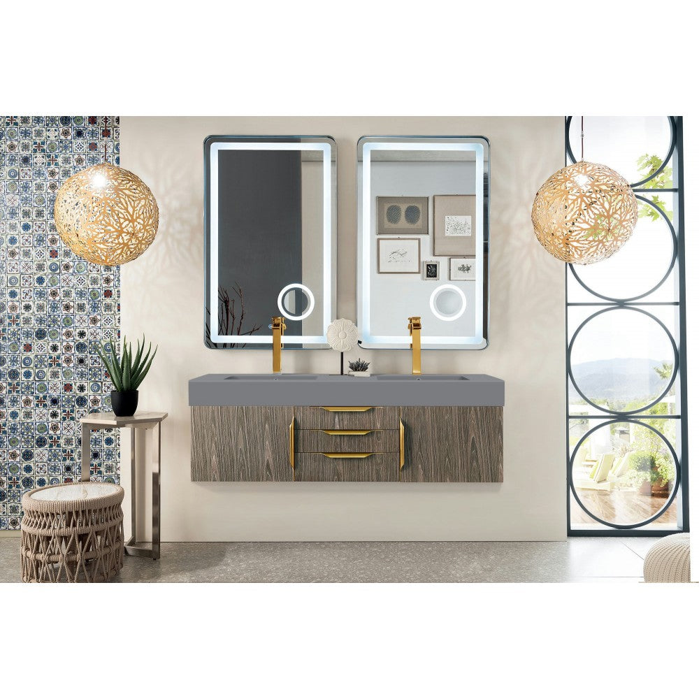 Mercer Island 59" Double Vanity Ash Gray Radiant Gold w/Dusk Gray Composite Top