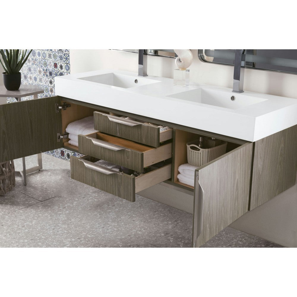 Mercer Island 59" Double Vanity, Ash Gray w/ Glossy White Composite Top