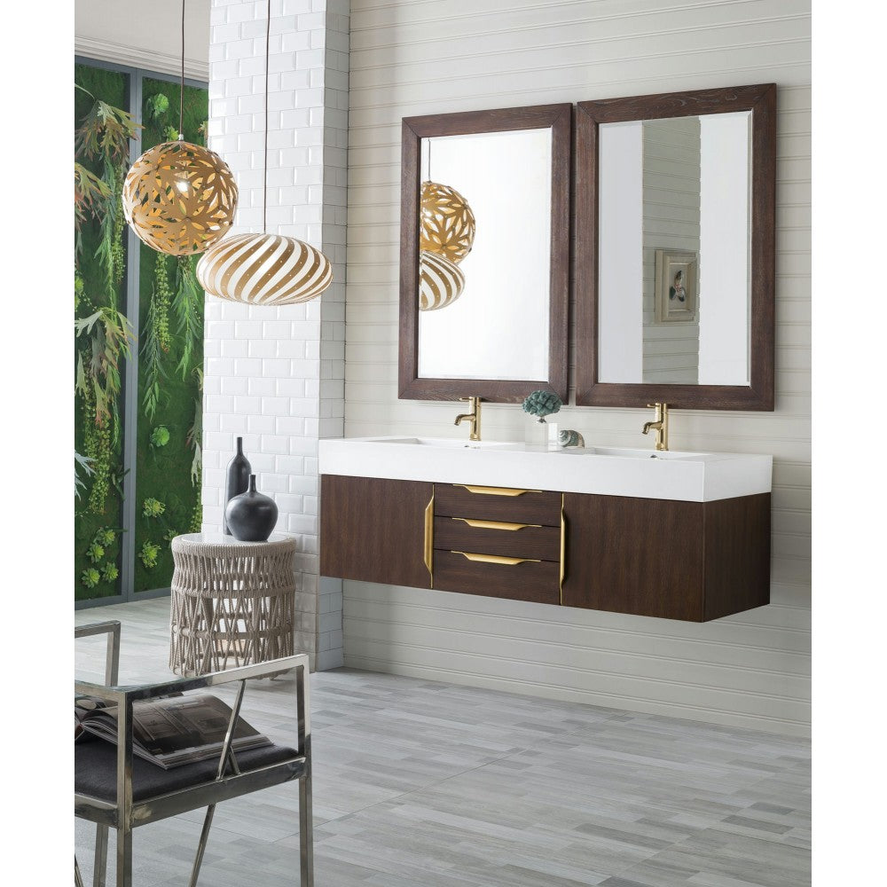 Mercer Island 59" Double Vanity Coffee Oak Radiant Gold w/ White Composite Top