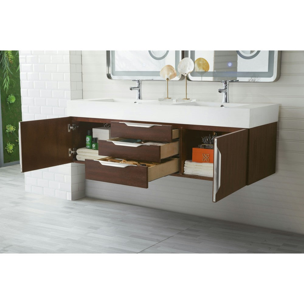 Mercer Island 59" Double Vanity, Coffee Oak w/ Glossy White Composite Top