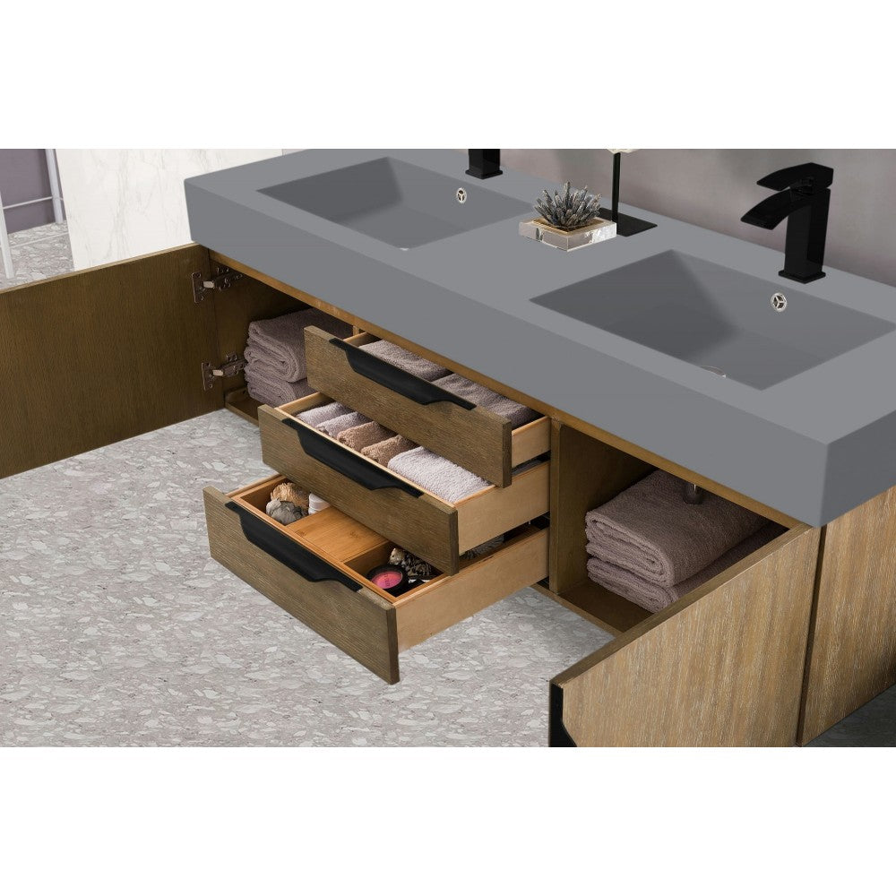 Mercer Island 59" Double Vanity Latte Oak Black w/Dusk Gray Glossy Composite Top