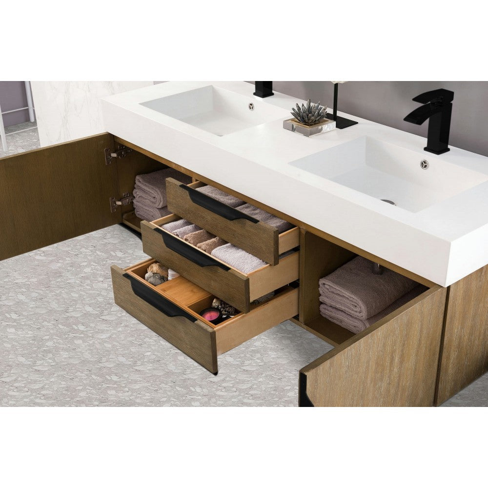 Mercer Island 59" Double Vanity Latte Oak Black w/Glossy White Composite Top