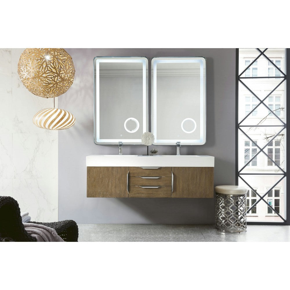 Mercer Island 59" Double Vanity, Latte Oak w/ Glossy White Composite Top