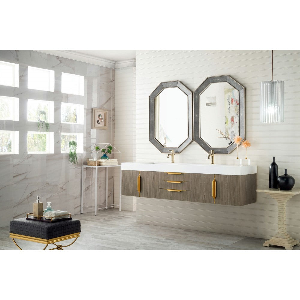 Mercer Island 72" Double Vanity Ash Gray Radiant Gold w/ White Composite Top