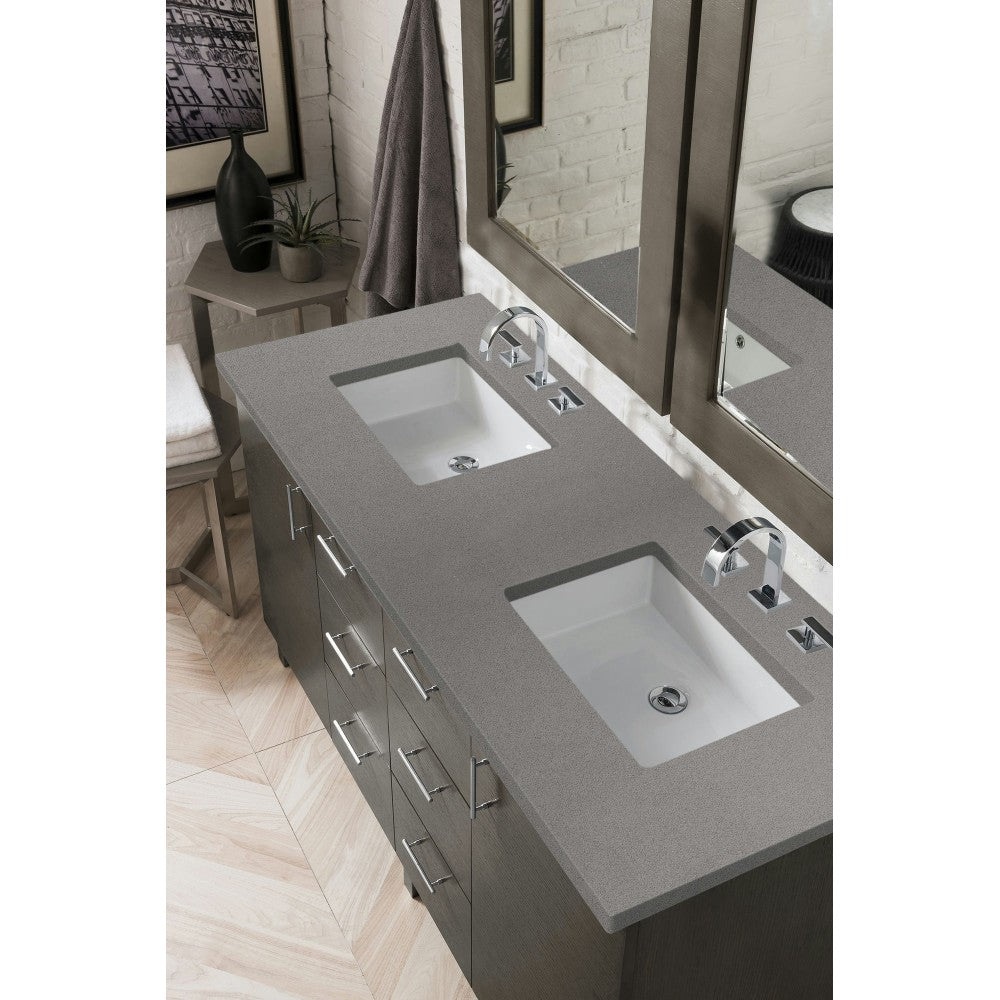 Metropolitan 60" Double Vanity, Silver Oak, w/ 3 CM Gray Expo Quartz Top