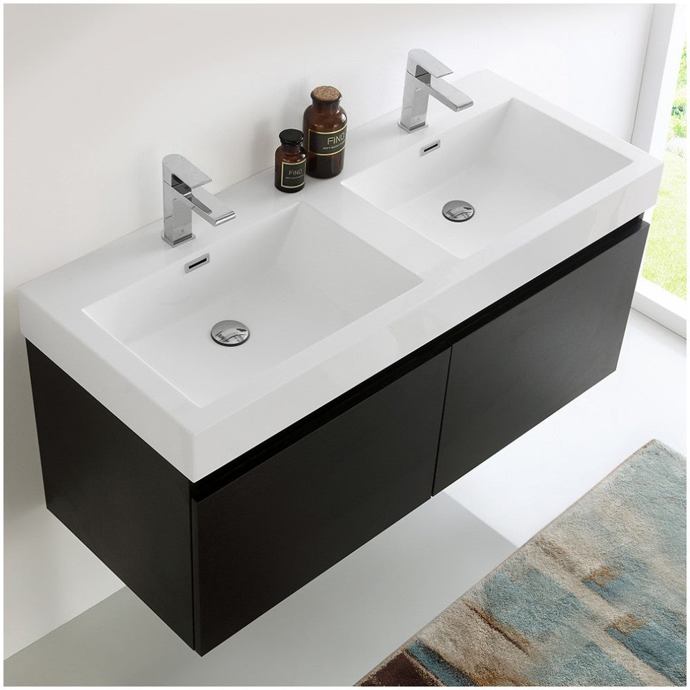 Mezzo 48" Black Wall Hung Double Sink Modern Bathroom Cabinet w/ Integrated Sink