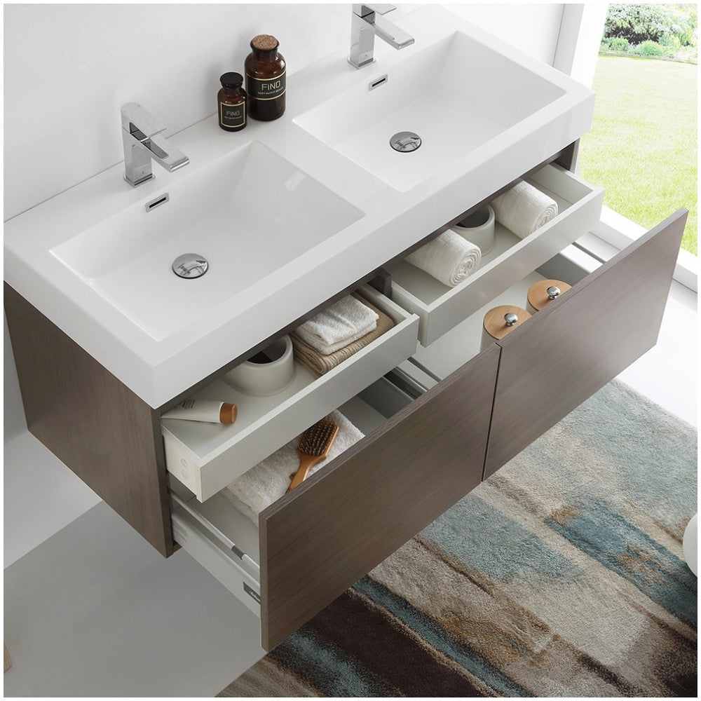 Mezzo 48 Gray Oak Wall Hung Double Sink Bathroom Cabinet w/ Integrated Sink