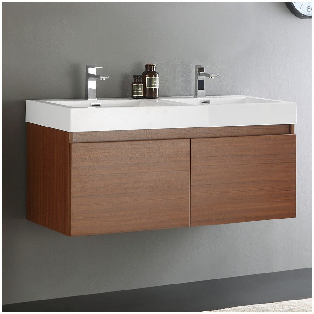 Mezzo 48" Teak Wall Hung Double Sink Modern Bathroom Cabinet w/ Integrated Sink