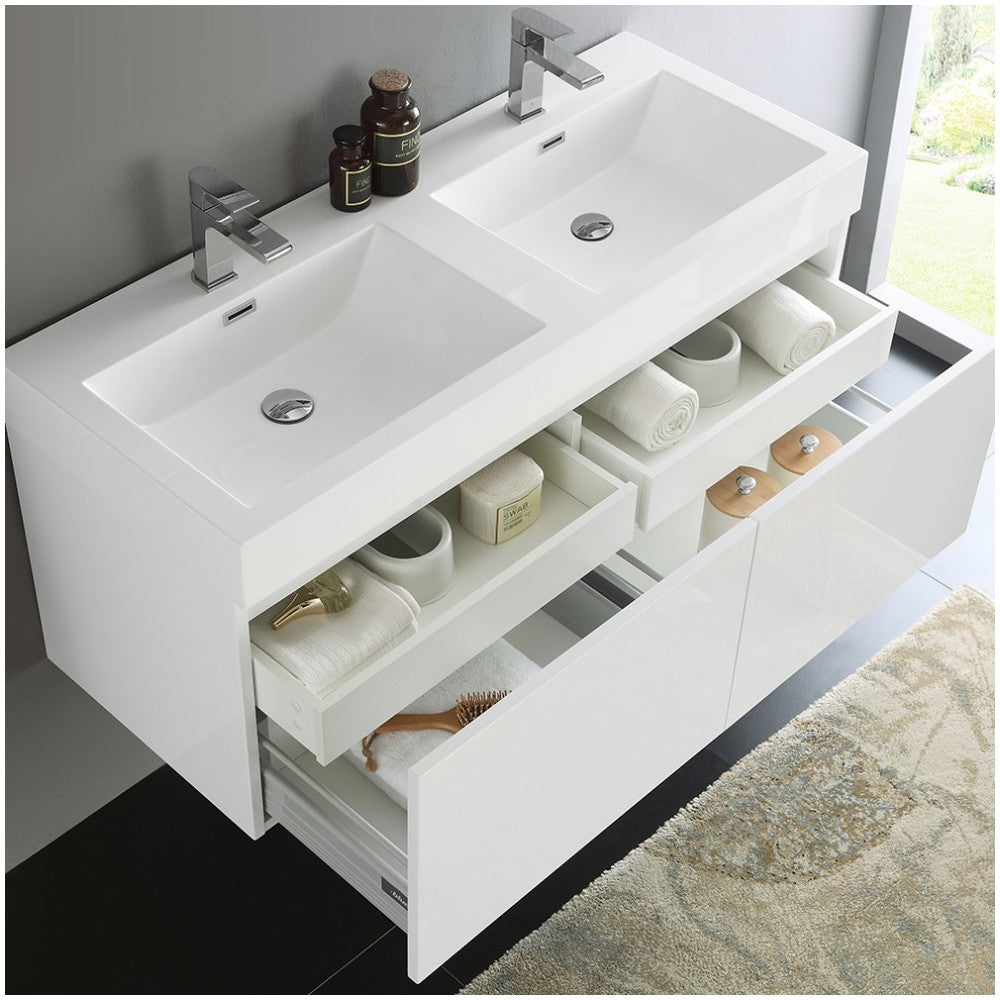 Mezzo 48" White Wall Hung Double Sink Modern Bathroom Cabinet w/ Integrated Sink