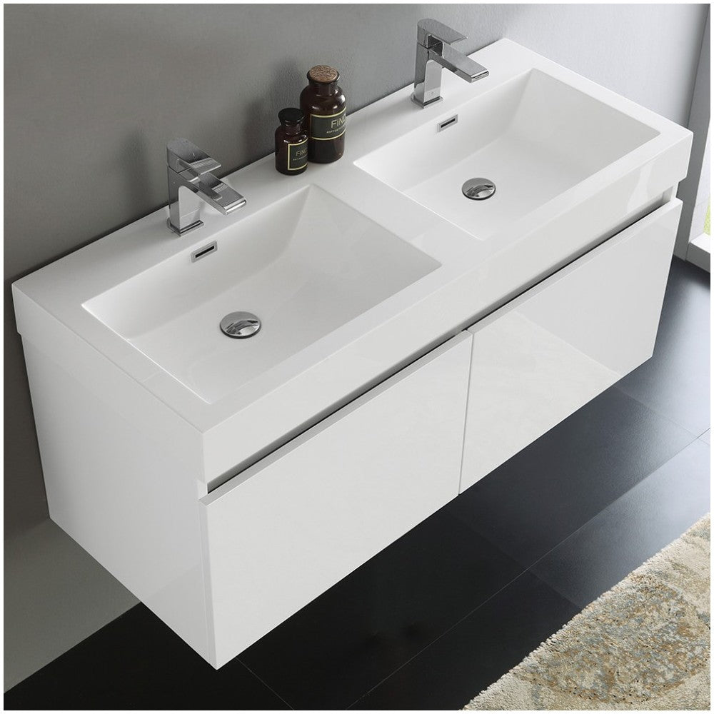 Mezzo 48" White Wall Hung Double Sink Modern Bathroom Cabinet w/ Integrated Sink