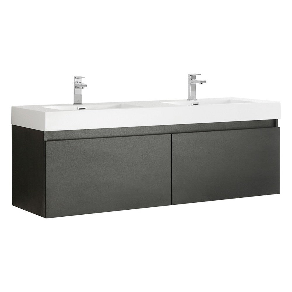 Mezzo 60" Black Wall Hung Double Sink Modern Bathroom Cabinet w/ Integrated Sink