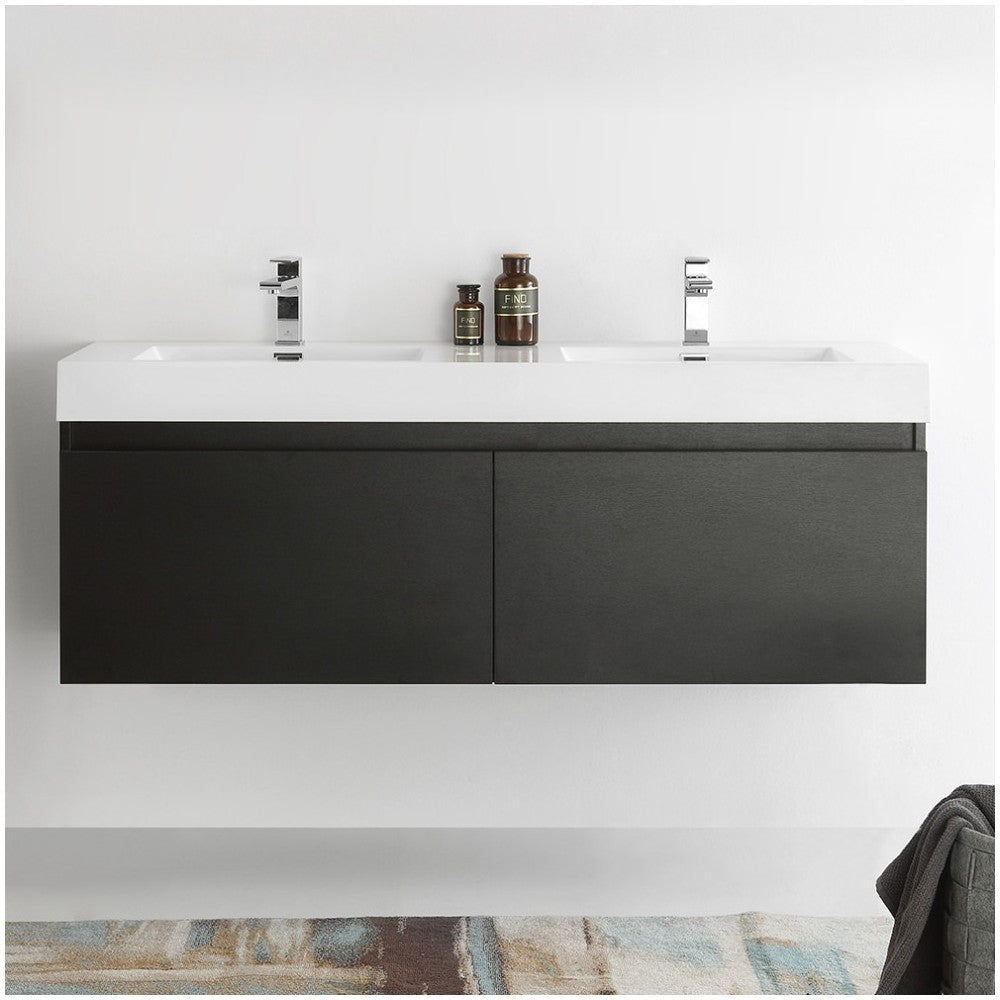 Mezzo 60" Black Wall Hung Double Sink Modern Bathroom Cabinet w/ Integrated Sink