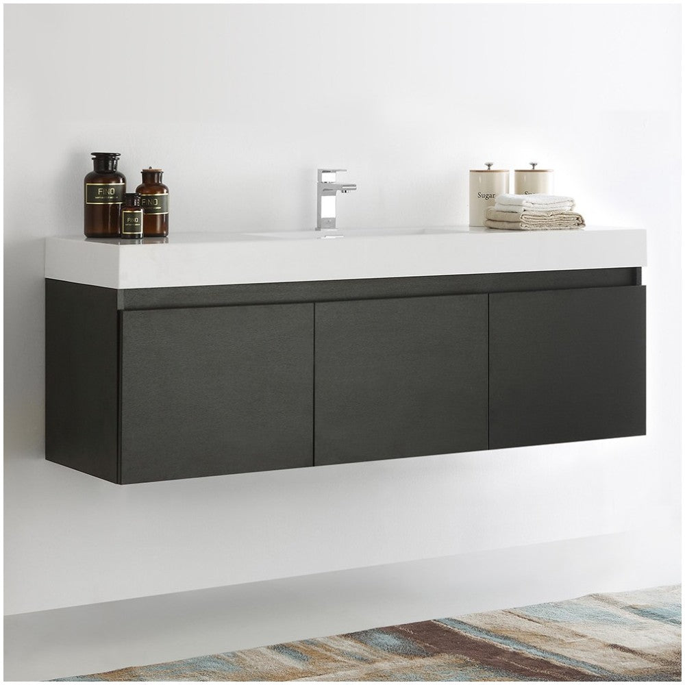 Mezzo 60" Black Wall Hung Single Sink Modern Bathroom Cabinet w/ Integrated Sink