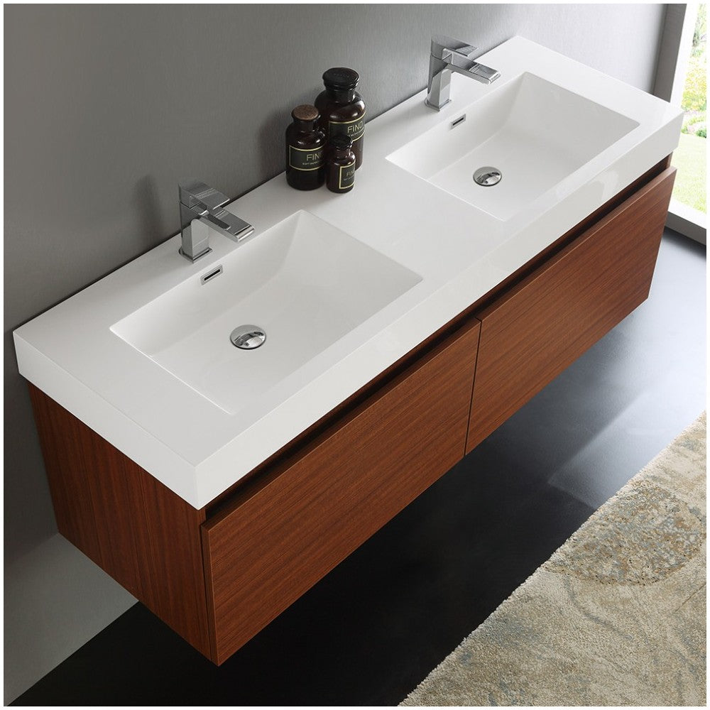 Mezzo 60" Teak Wall Hung Double Sink Modern Bathroom Cabinet w/ Integrated Sink