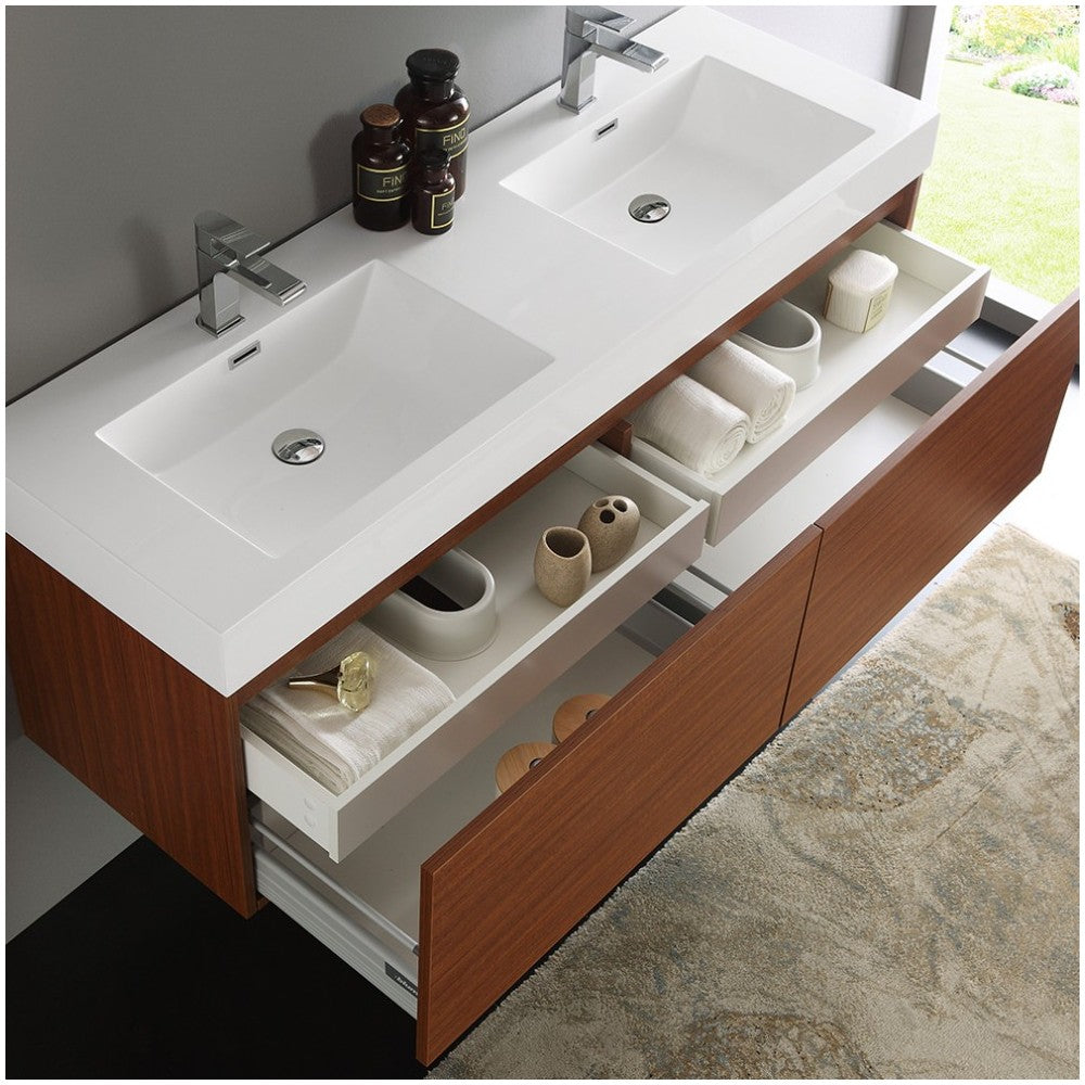 Mezzo 60" Teak Wall Hung Double Sink Modern Bathroom Cabinet w/ Integrated Sink