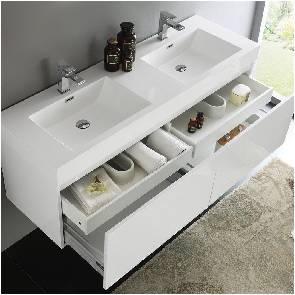 Mezzo 60" White Wall Hung Double Sink Modern Bathroom Cabinet w/ Integrated Sink