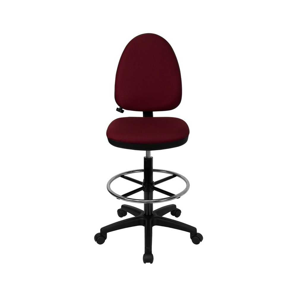 Mid-Back Burgundy Fabric Multifunction Ergonomic Drafting Chair with Adjustable Lumbar Support