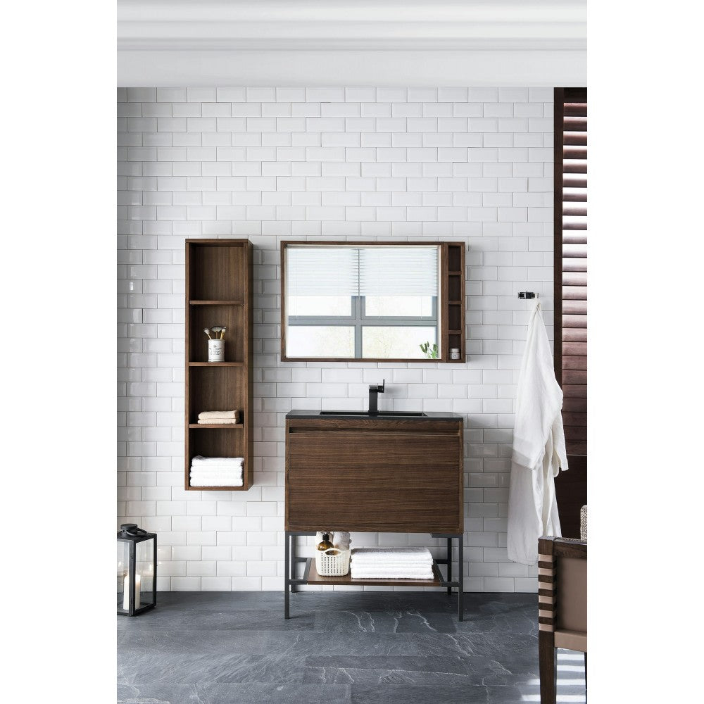 Milan 31.5" Single Vanity Mid Century Walnut Black, Charcoal Black Composite Top