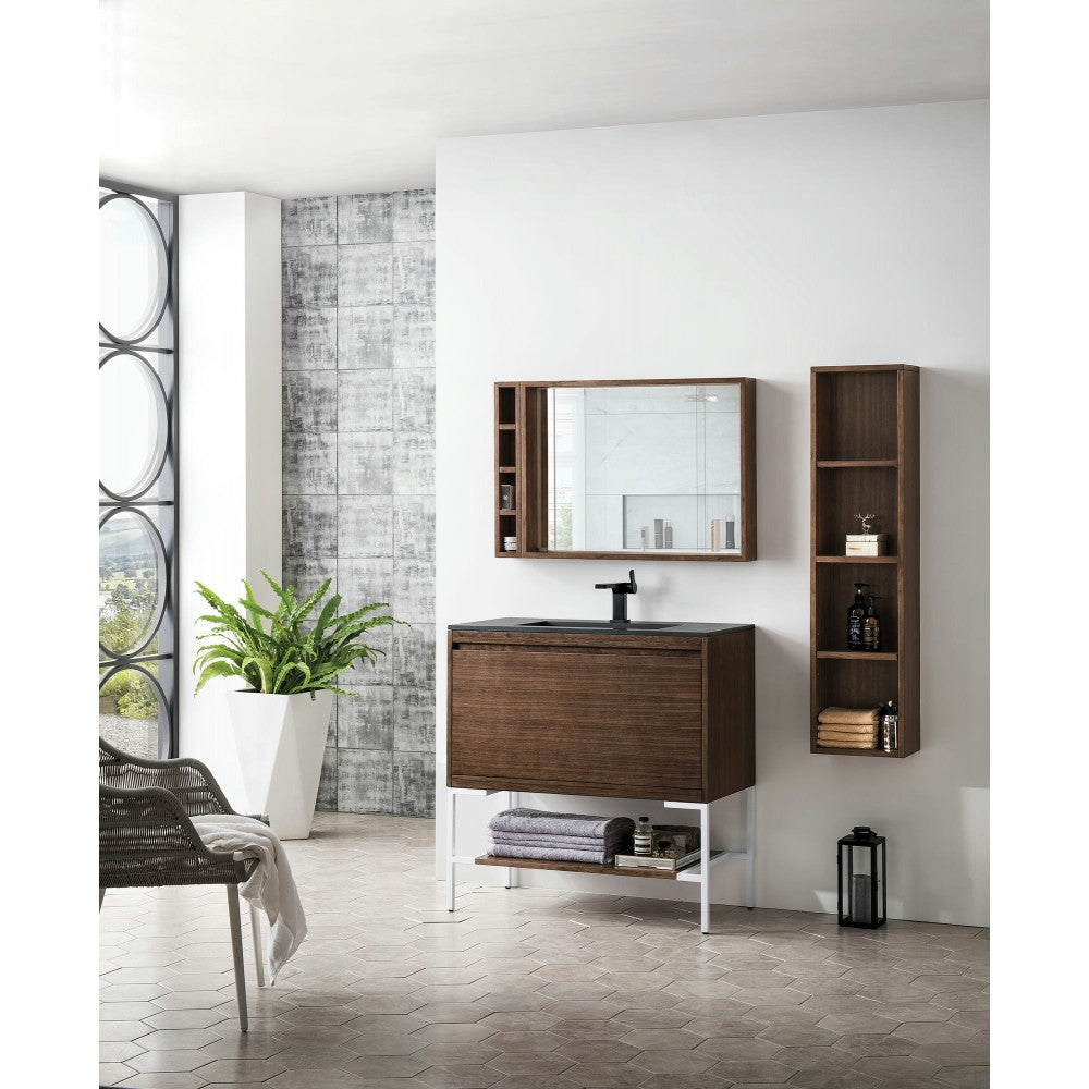 Milan 35.4" Single Vanity Mid Century Walnut White, Charcoal Black Composite Top