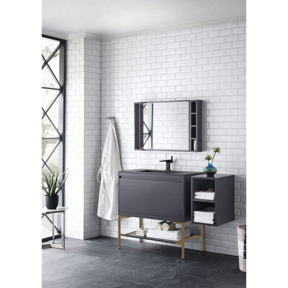 Milan 35.4" Single Vanity Modern Gray Radiant Gold, Charcoal Black Composite Top