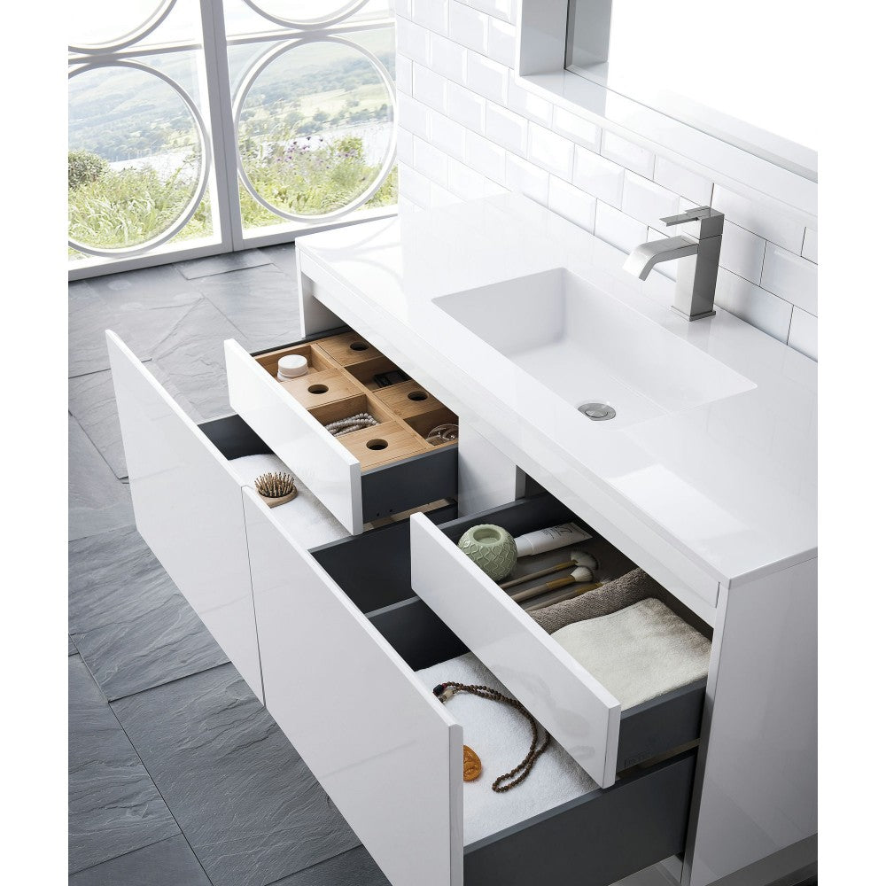 Milan 47.3" Single Vanity Cabinet, Glossy White w/Glossy White Composite Top