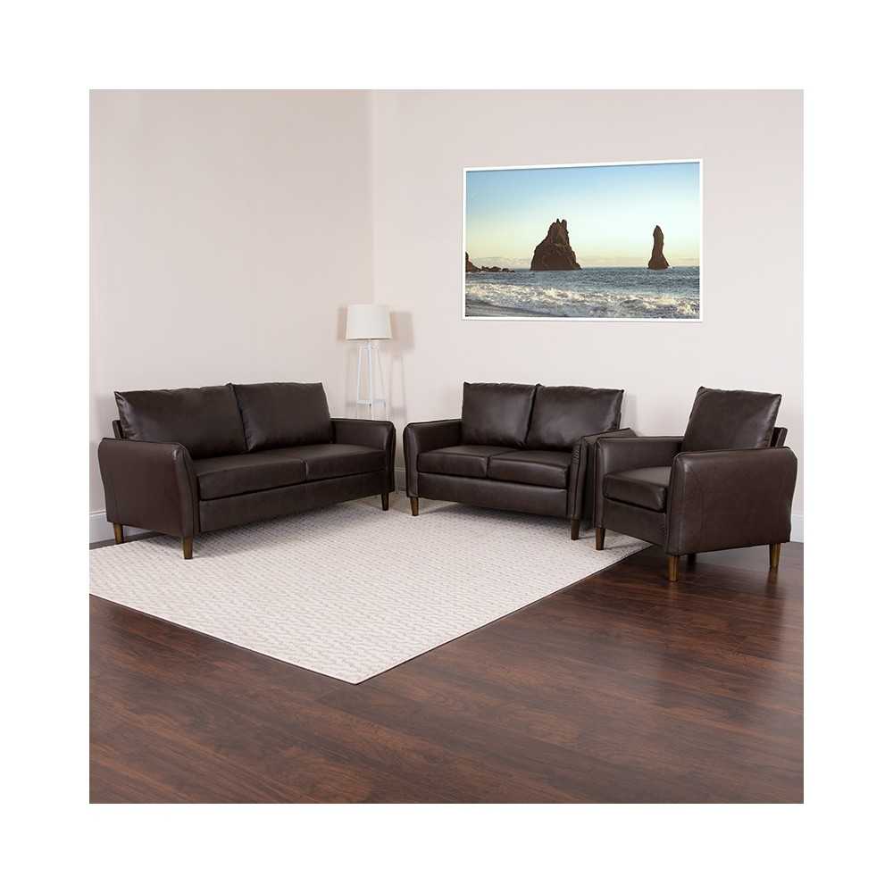 Milton Park Upholstered Plush Pillow Back Chair, Loveseat and Sofa Set in Brown LeatherSoft