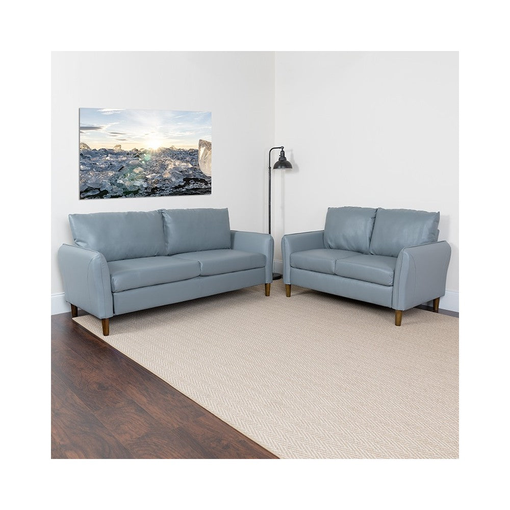 Milton Park Upholstered Plush Pillow Back Loveseat and Sofa Set in Gray LeatherSoft