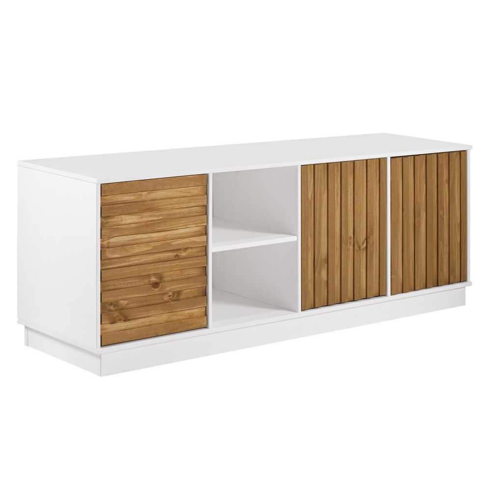 Modern Boho 3 Grooved Door Wood TV Stand for TVs up to 80" - Caramel/White