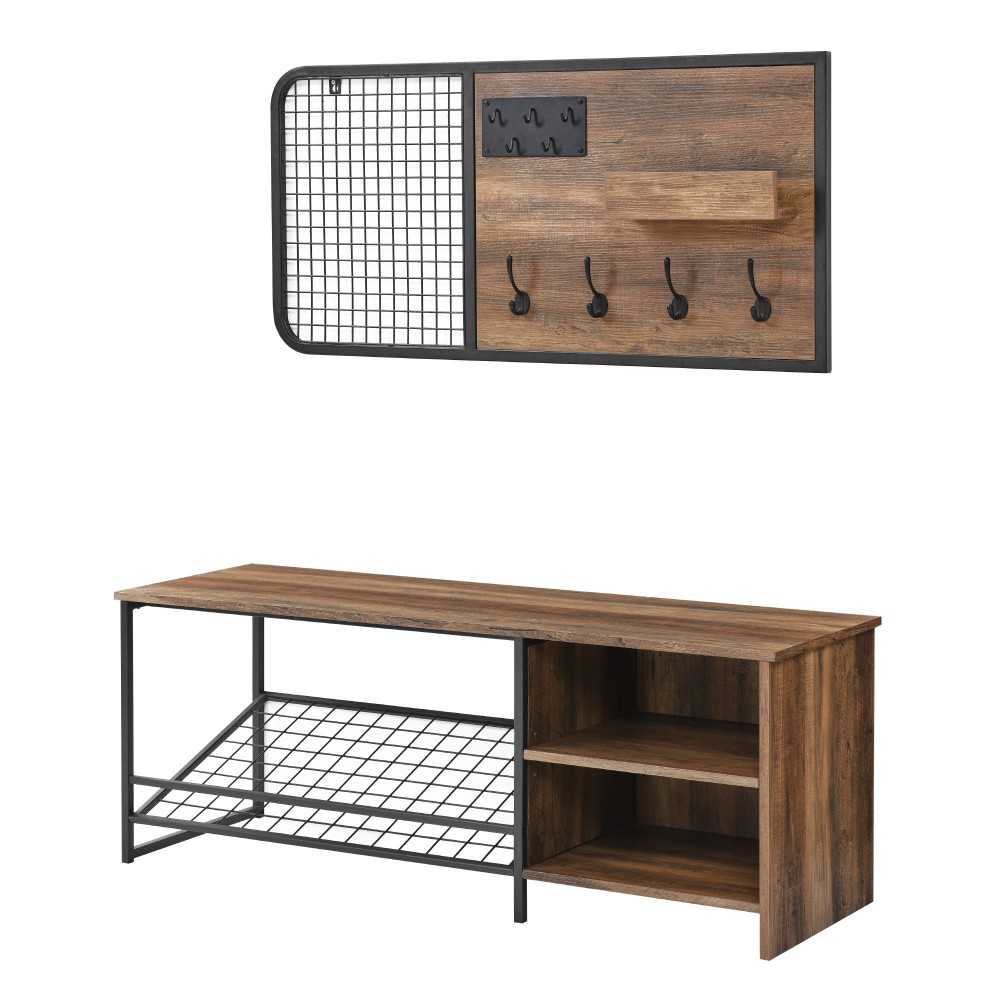 Modern Entry Bench with Shoe Storage and Wall Organizer Set - Rustic Oak