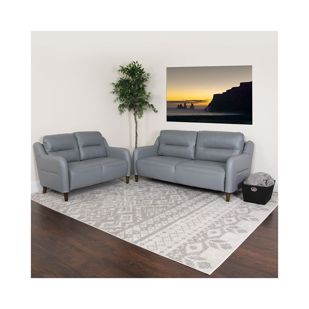 Newton Hill Upholstered Bustle Back Loveseat and Sofa Set in Gray LeatherSoft
