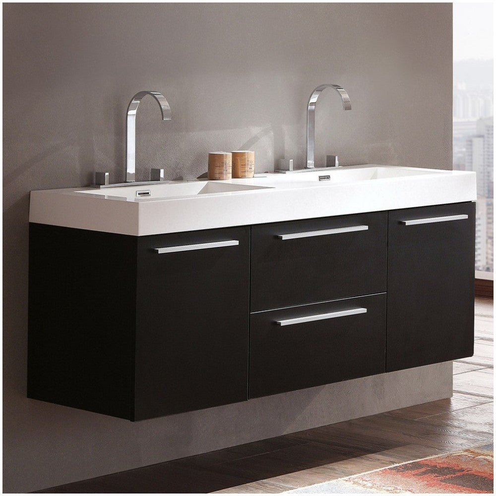 Opulento 54" Black Modern Double Sink Bathroom Cabinet w/ Integrated Sinks