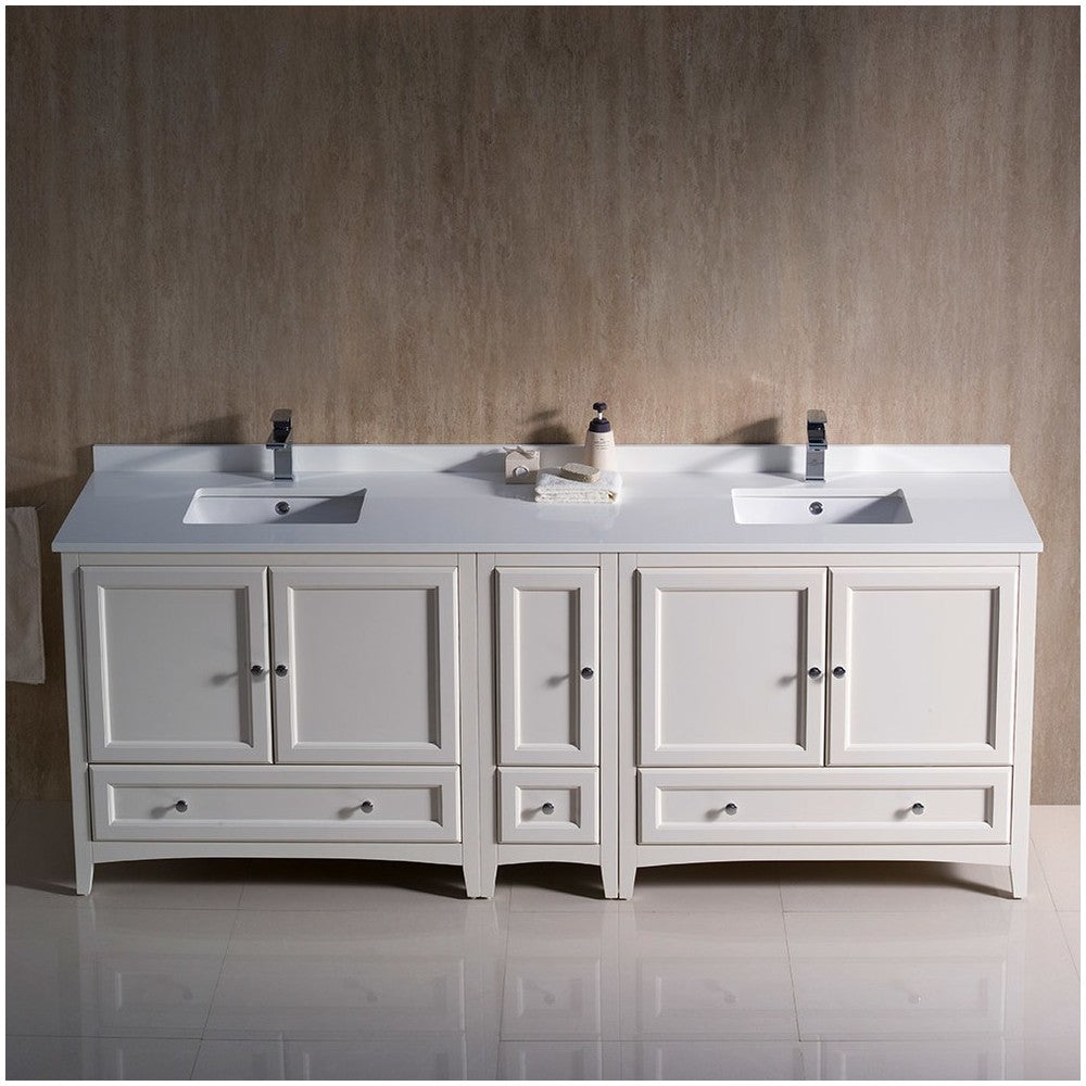 Oxford 84 Antique White Traditional Double Sink Bathroom Cabinets w/ Top & Sinks