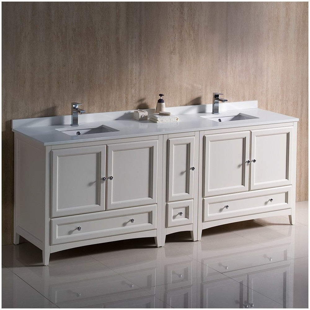 Oxford 84 Antique White Traditional Double Sink Bathroom Cabinets w/ Top & Sinks