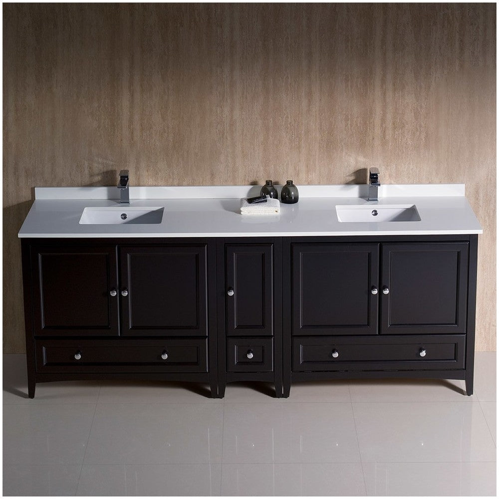 Oxford 84" Espresso Traditional Double Sink Bathroom Cabinets w/ Top & Sinks