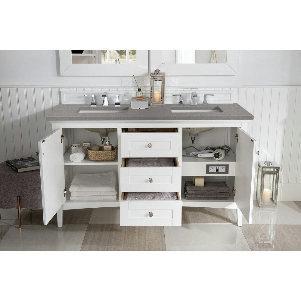 Palisades 60" Double Vanity, Bright White, w/ 3 CM Gray Expo Quartz Top
