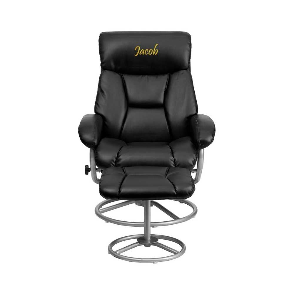 Personalized Contemporary Multi-Position Recliner and Ottoman with Metal Base in Black LeatherSoft